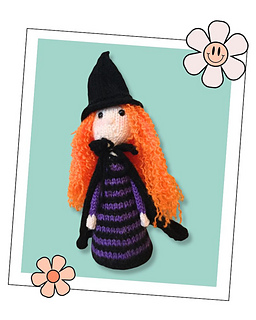 Monica the Witch halloween toy knitting pattern, front view showing striped body and pointed black hat