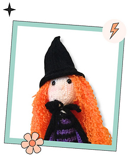 Knitted witch toy with orange hair and black cape, halloween decoration knitting pattern for beginners