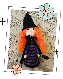 Monica the Witch knitted toy on teal background, beginner halloween knitting pattern in DK yarn