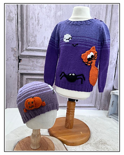 Purple pumpkin hat with the matching Scaredy Cat jumper, kids Halloween hat knitting pattern in DK - jumper pattern sold separately