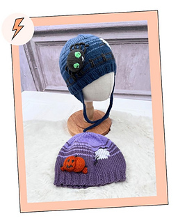 Blue spider hat with ear flaps and i-cord ties above a purple pumpkin hat, mix and match Halloween hats