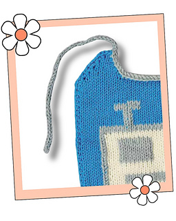 Close up of a silver i-cord tie and the neat edging on a knitted baby bib, robot bib knitting pattern - free baby bib knitting pattern