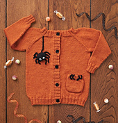 Kids Halloween spider cardigan knitting pattern, orange DK, ages 1 to 11 years, top down seamless