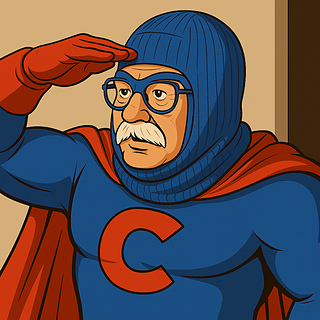 The helmet turned him into a Super Hero!
*Note:* His eyes are blue, not brown. ; )