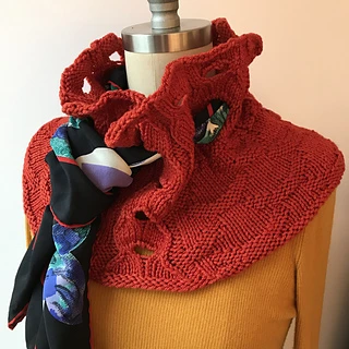 Front view of Ormt in Red! with vintage scarf.
