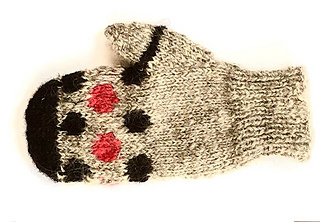 A single Mari Mitt in women's size medium, knit handspun gray Cotswold wool, red wool, and naturally black alpaca