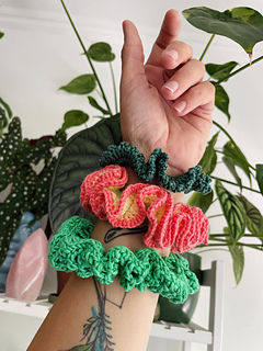 Top to bottom: Petite Ruffle Scrunchie, Double Ruffle Scrunchie and Classic Puffy Mesh Scrunchie
