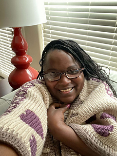 Comfy Coffee Blanket Wrap - Overlay Mosaic Crochet Pattern - Happy Friend wearing the wrap