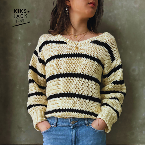 Aubrey Easy Striped Crochet V Neck Sweater photo 3