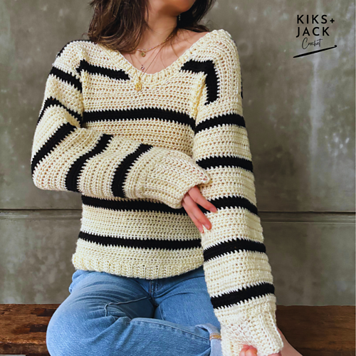 Aubrey Easy Striped Crochet V Neck Sweater photo 2
