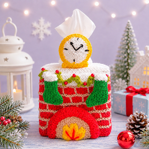 Christmas Fireplace Tissue Box Cover 12x12x11