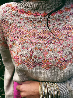 Reshma is wearing a size 1 in Hello Lavender yarn