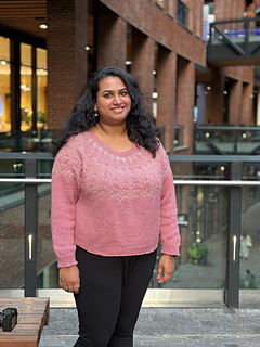 I am wearing a size 5 sweater in Hello Lavender yarn