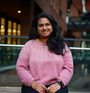 I am wearing a size 5 sweater in Hello Lavender yarn