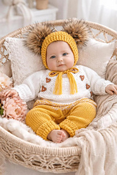 Knitted baby bonnet with two pom poms and matching romper.