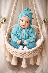 Digital knitting pattern PDF for baby romper with bobble stitch and matching bonnet. 