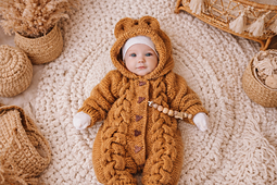 knitted baby romper with chunky cable design, front heart buttons, 