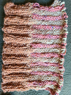 Start of sleeve. 2 x 2 stranded pattern. Increase every 5 rows to 74 stitches.