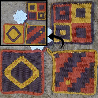 Both sides of 3 potholders / Beide kanten van 3 pannenlappen