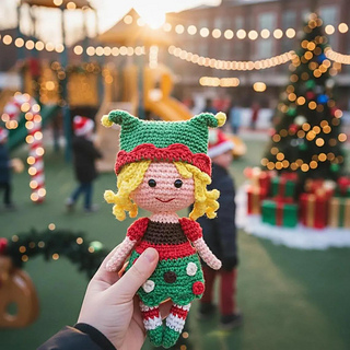 Digital mockup of Aly the Elf Doll crochet toy styled in a cozy Christmas scene with festive decorations. Actual handmade doll shown in other photos.