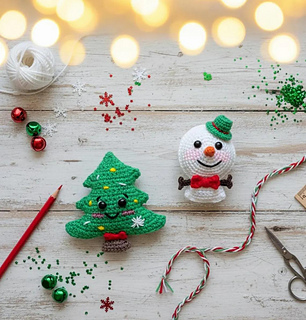 Digital mockup of the crochet toys styled in a cozy Christmas scene with festive decorations. Actual handmade toys shown in other photos.