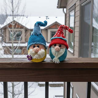 Handmade crochet gnome shown in a digitally created background.