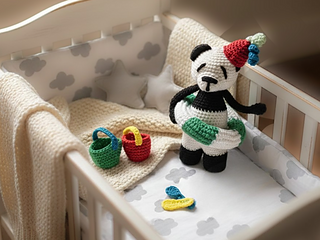 photo shows the real handmade crochet toy displayed on a digitally edited background for presentation purposes