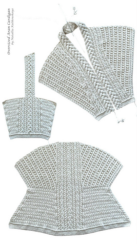 Detailed view of pattern components: the front panel reveals intricate cable arrangements, while sleeve and body pieces showcase how each element contributes to the cohesive Aran design. Technical knitting excellence captured in every stitch