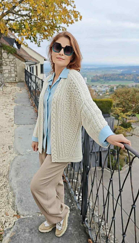 The pattern story flows from body to sleeves and they become integral storytellers in the cardigan's design narrative. The lighter central cable on the sleeves echoes the prominent chunky cable at the front, creating visual harmony and balance across the entire piece. When worn, the cable continuously draws the eye upward through the shoulders and neck, creating an elongating effect that enhances every body shape.
