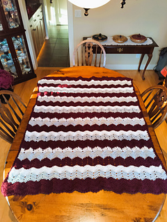 Photo contributed by Amber Fernandez.
Close-up view of the California Dreamin’ Lapghan, highlighting rhythmic ripple stitches and a softly draping fabric.