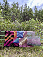 From left to right: large tapestry blanket, small intarsia blanket, dish towel, large intarsia blanket, small tapestry blanket