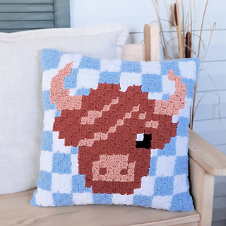 Highland Cow Pillow with Blue and White Checks