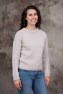 Knit in Knitting for Olive Heavy Merino. Size 3, modeled with 2.5 inches (6.4cm) of positive ease in the full bust.