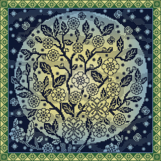Square in the round; dark - black, light - yellow/blue gradient;
Border: dark -green, light - yellow