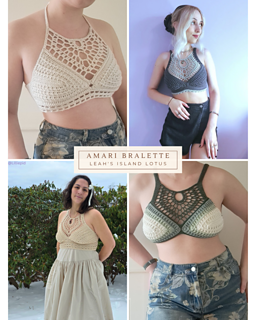 More examples of the Amari Bralette crochet top in shades of green, grey and white. 