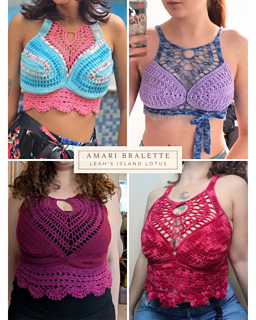 More examples of the Amari Bralette crochet top in various colors, styles and sizes. 