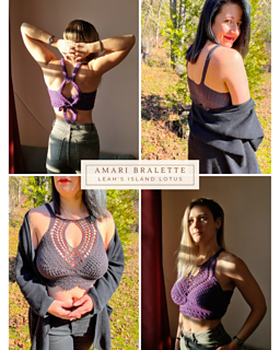 Examples of the Amari Bralette crochet top in the colors purple and black. 