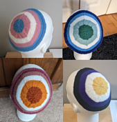 Four kippot shown from the top in different pride flag colors: trans, gay man/mlm, lesbian, and nonbinary