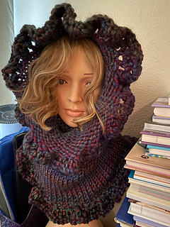 Lustrous Winter Snood knit in the round with crochet edging.