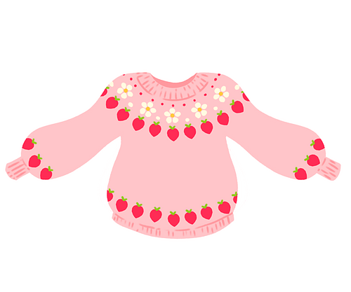 Strawberry Pattern Knit Sweater with Ribbed Details - White main image 1