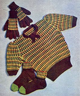 In 1943 the pattern appeared in colour as part of a set, with matching gloves and socks, in issue No. 13 of Needlewoman and Needlecraft magazine.