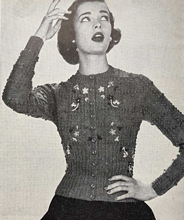 The original Stitchcraft pattern only gives the front cover and this black and white illustration as a guide to the embroidered details, so these can be interpreted individually.