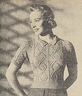 YOU CAN KNIT this pretty pullover with long or short sleeves. Instructions are given for both. The design is a youthful one and the pattern easy to follow.