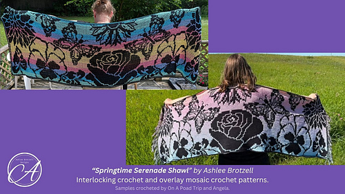 Interlocking crochet sample by On A Poad Trip; Overlay mosaic crochet sample by Angela