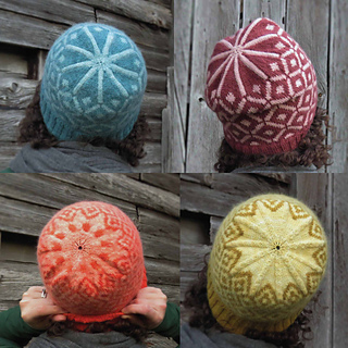 Four photos of a woman with curly hair facing a barn showing views of the different crowns in four colours: blue, purple, orange and yellow.