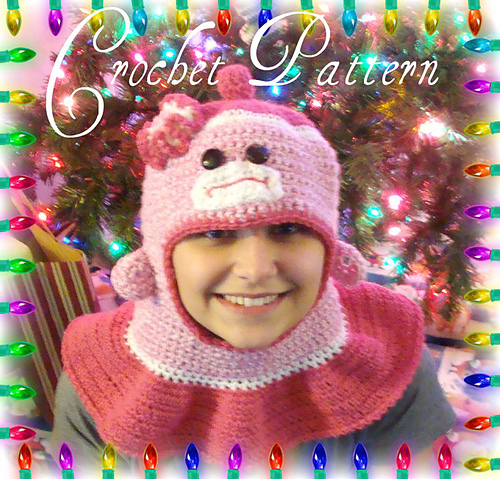 515 Sock Monkey Hat with attached neck warmer photo 3