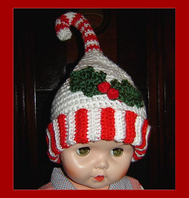 Ravelry Christmas Candy Cane Hat with Holly Applique pattern by Cathy Ren