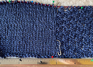 First part of swatch: 6 stitches per inch, unblocked, #3 perle cotton, 2.5mm needles