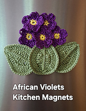 Crochet pattern for a bunch of African violets and leaves refrigerator magnets.