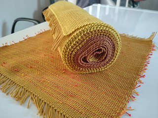 The finished looong piece of pocket panels and the leftover warp experiment